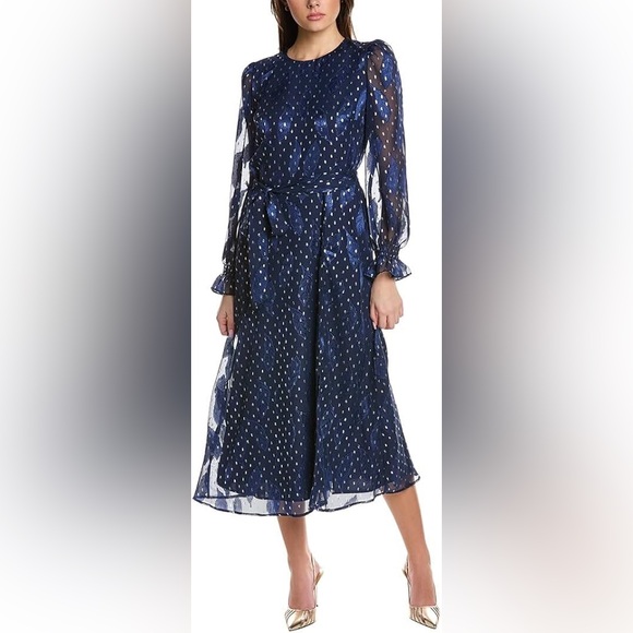 Anne Klein Women's Smocked Midi Dress Dark Prussian Blue/Silver‎ Size 10 NWT - Picture 1 of 11